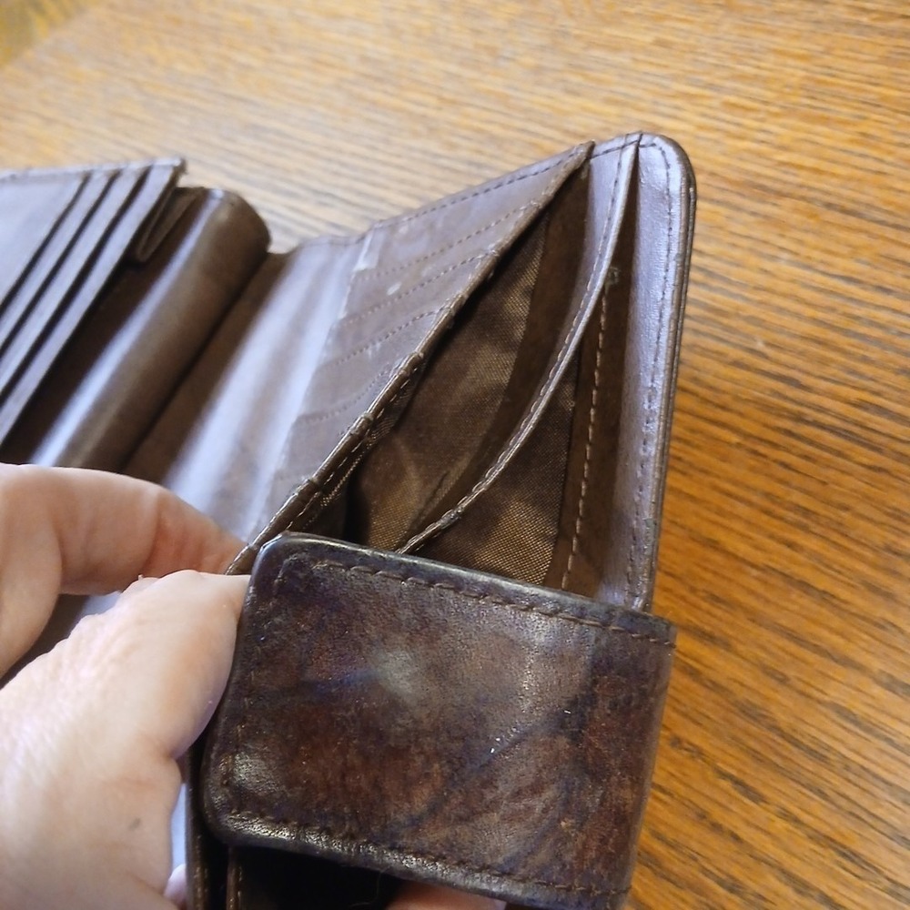Mens Brown Leather Trifold Wallet Vintage Distressed Snap Coin Pocket ID Window - Picture 4 of 11